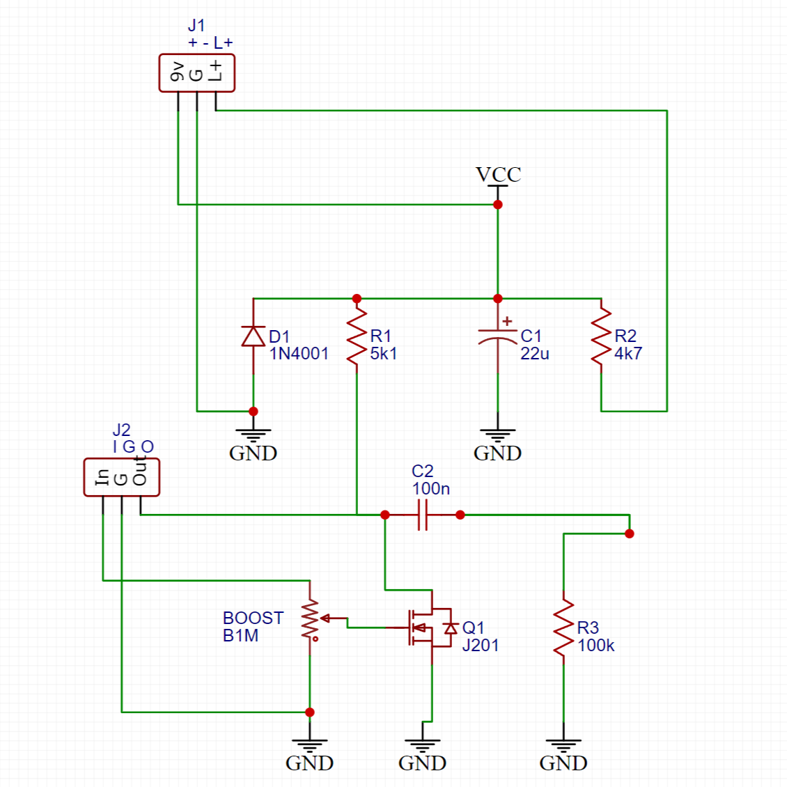 Clean Boost 線路圖 J201 JFET 共源放大